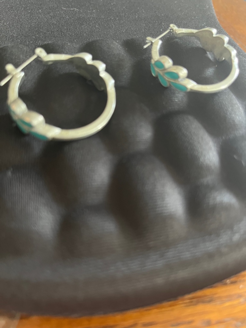 Silver Hoop Earrings with Teal Enamel Flower Accent